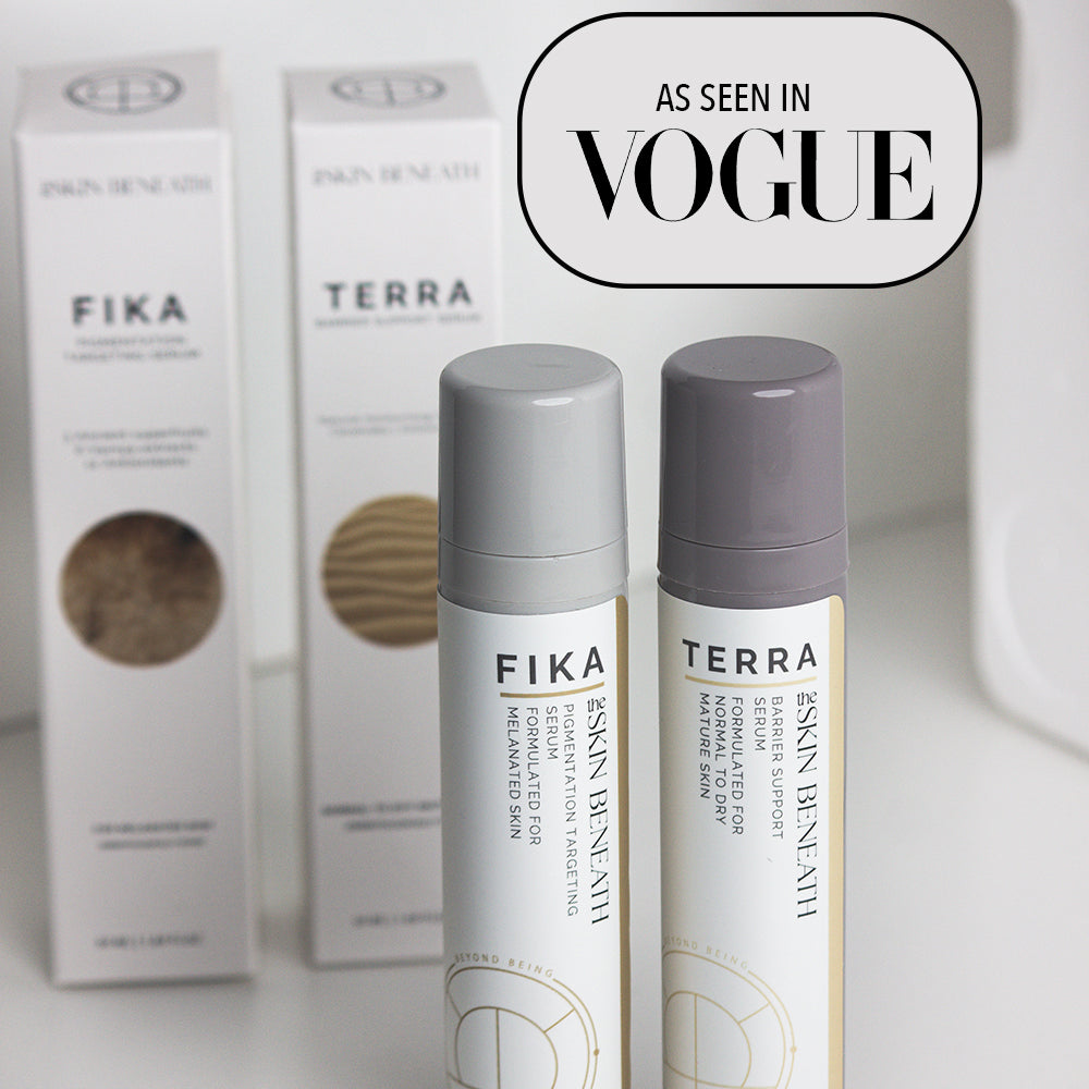 Terra Barrier Repair Serum bottleon neutral background with a minimalist skincare packaging