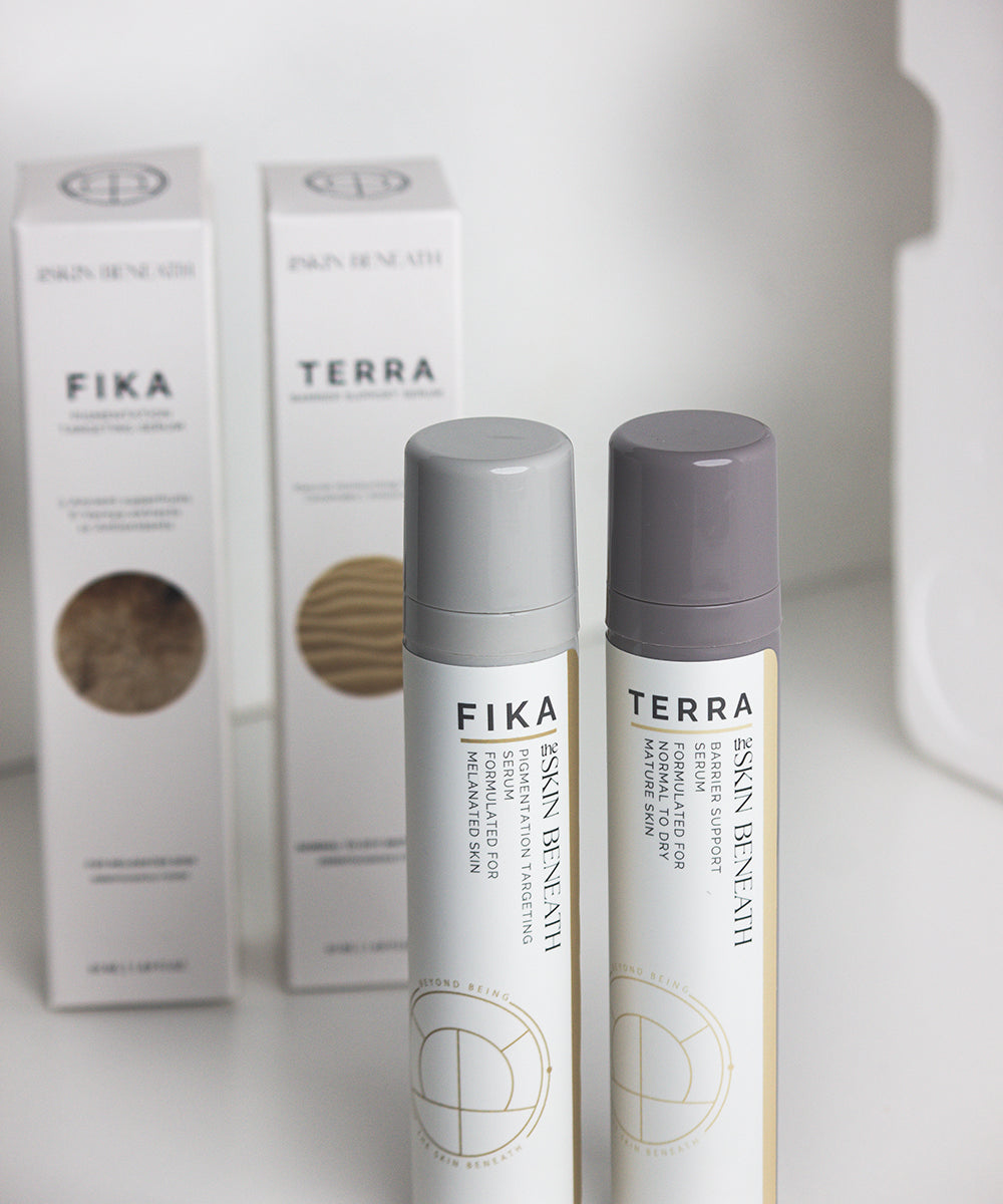Terra Barrier Repair Serum bottleon neutral background with a minimalist skincare packaging