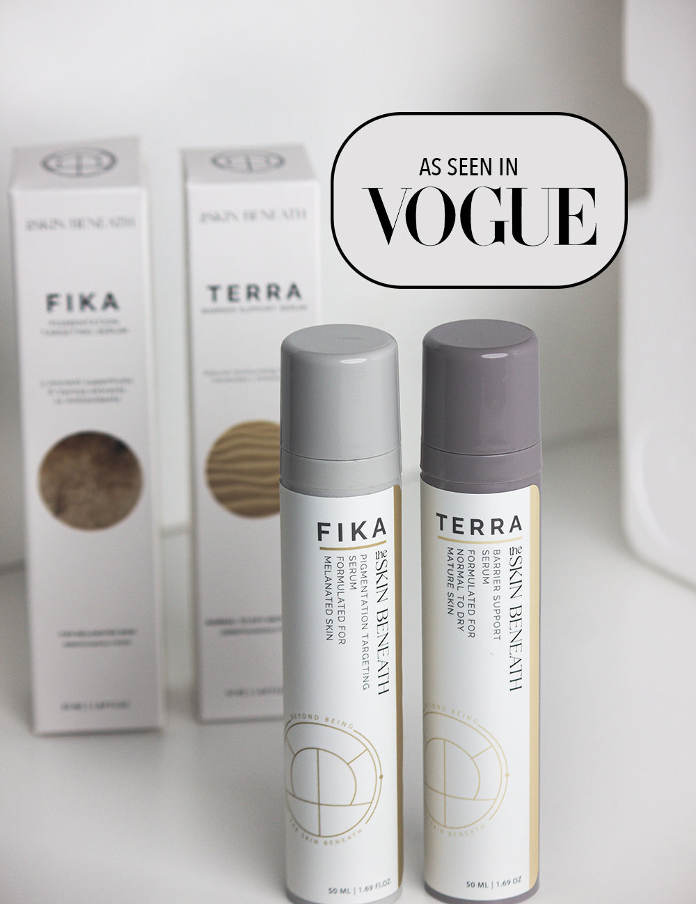 Terra Barrier Repair Serum bottleon neutral background with a minimalist skincare packaging