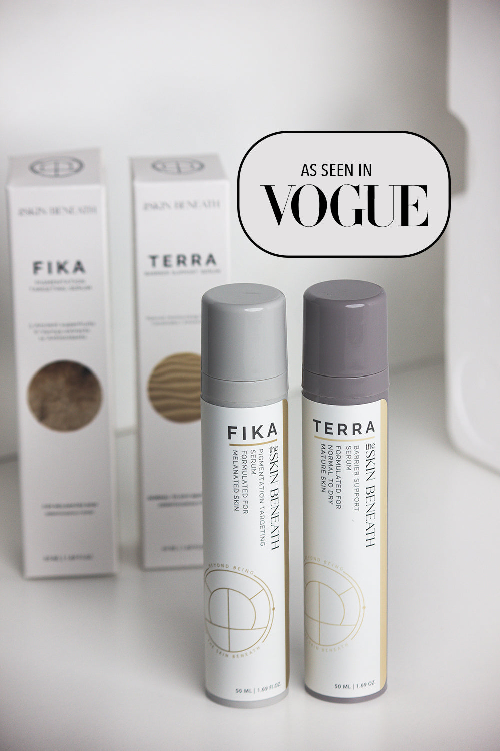 Terra Barrier Repair Serum bottleon neutral background with a minimalist skincare packaging