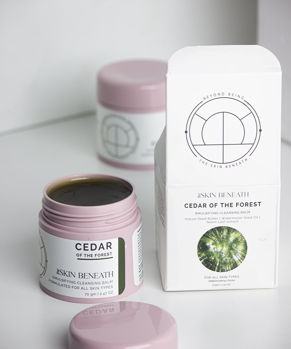 Cedar of the Forest cleansing balm in minimal flatlay, showcasing handcrafted emulsifying balm for dry skin