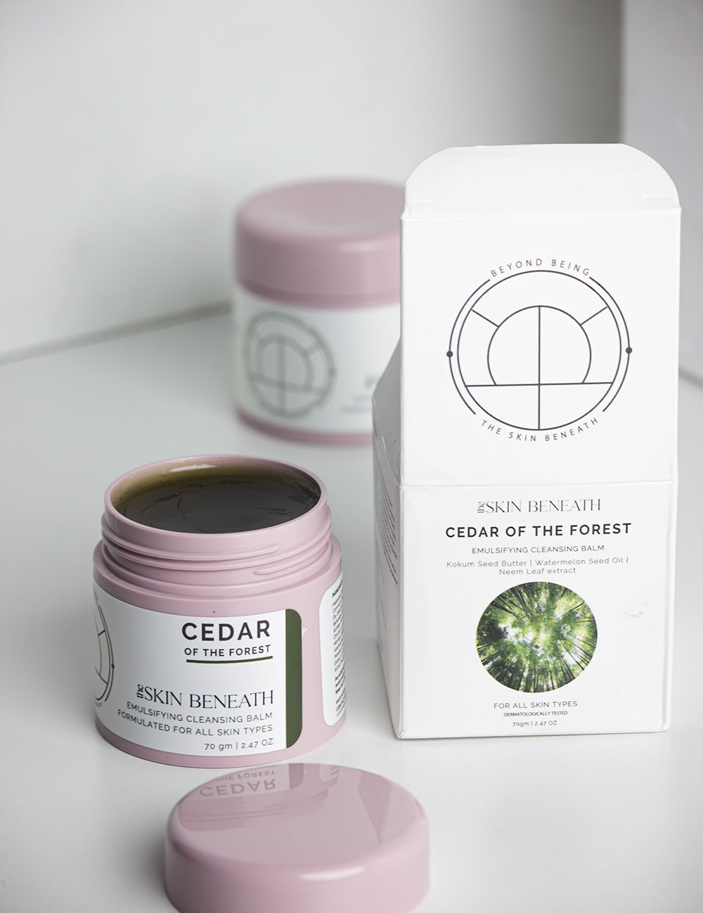Cedar of the Forest cleansing balm in minimal flatlay, showcasing handcrafted emulsifying balm for dry skin