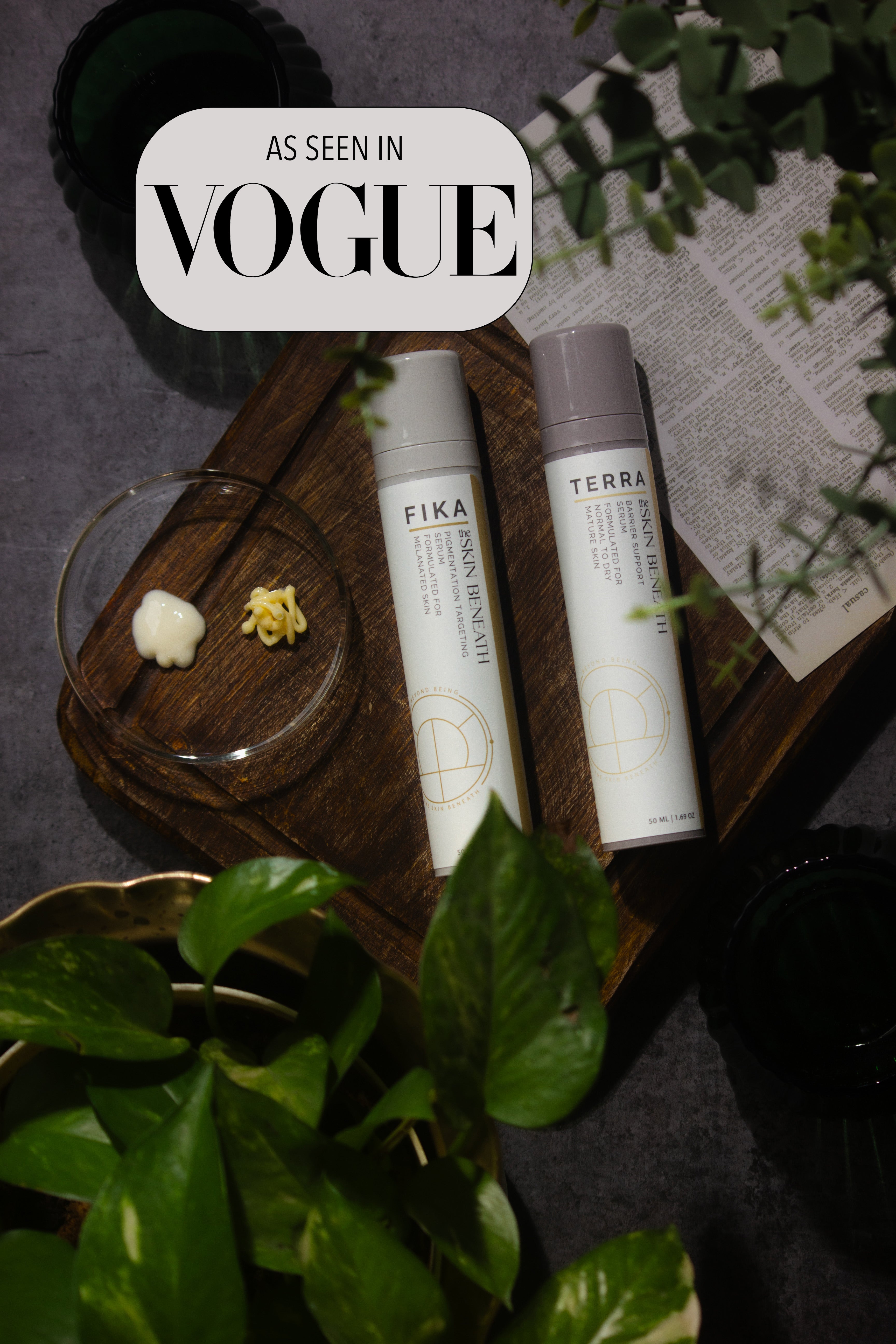 Fika pigmentation serum and Terra barrier-repair serum set on a wooden tray — gentle skincare for melanin-rich, sensitive Indian skin