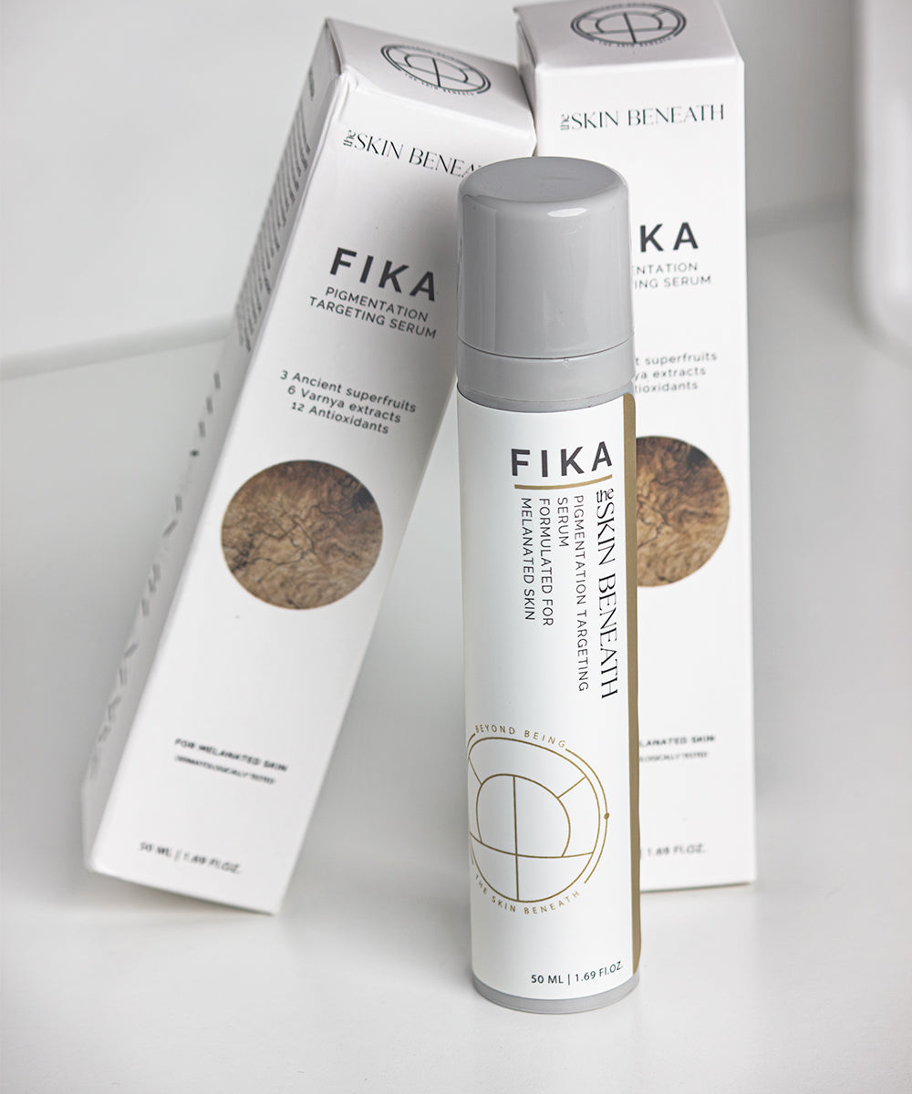 Fika Pigmentation Serum bottle against neutral background, highlighting minimalist skincare packaging