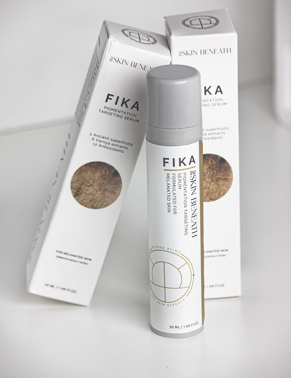 Fika Pigmentation Serum bottle against neutral background, highlighting minimalist skincare packaging