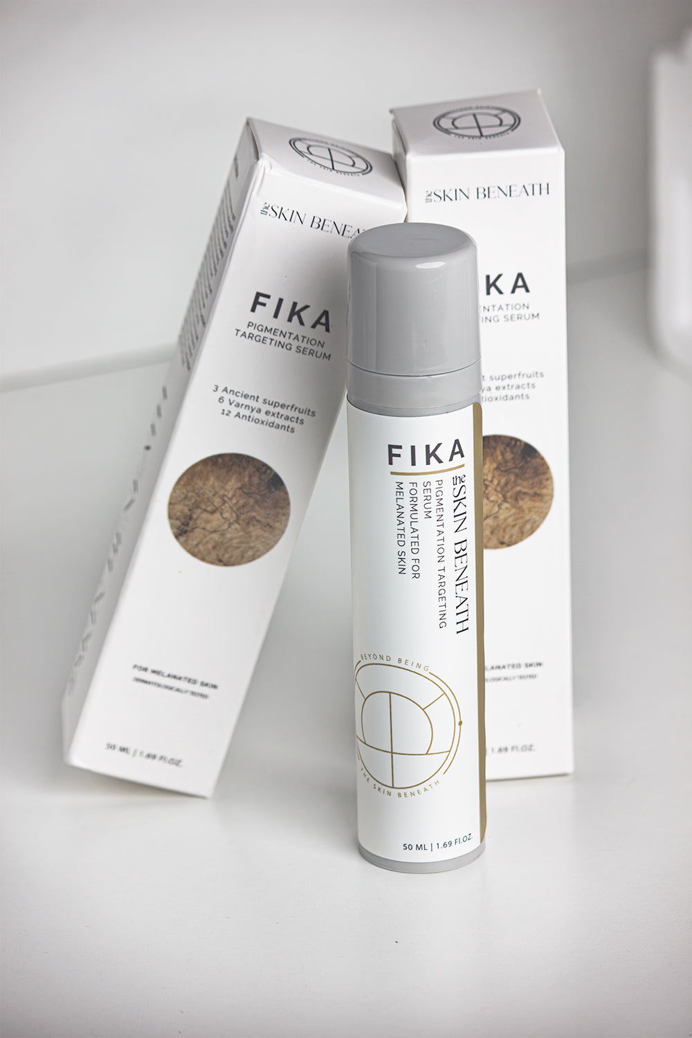 Fika Pigmentation Serum bottle against neutral background, highlighting minimalist skincare packaging