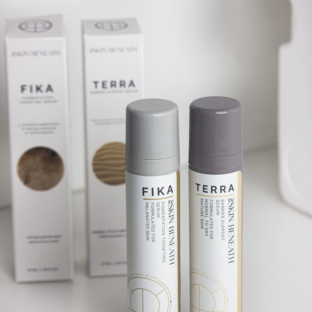 Terra Barrier Repair Serum bottleon neutral background with a minimalist skincare packaging