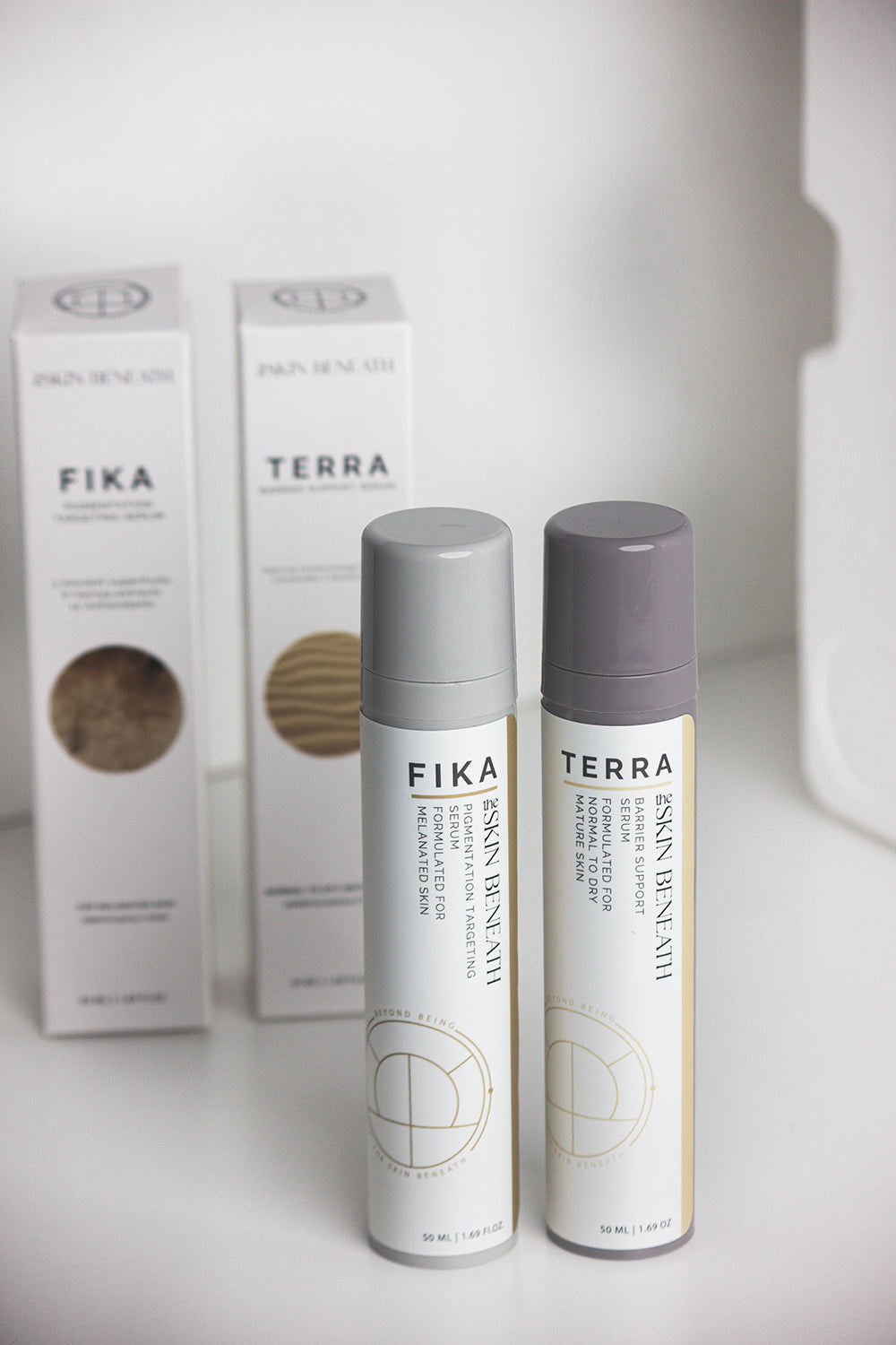 Terra Barrier Repair Serum bottleon neutral background with a minimalist skincare packaging
