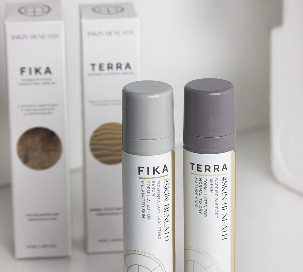 Terra Barrier Repair Serum bottleon neutral background with a minimalist skincare packaging