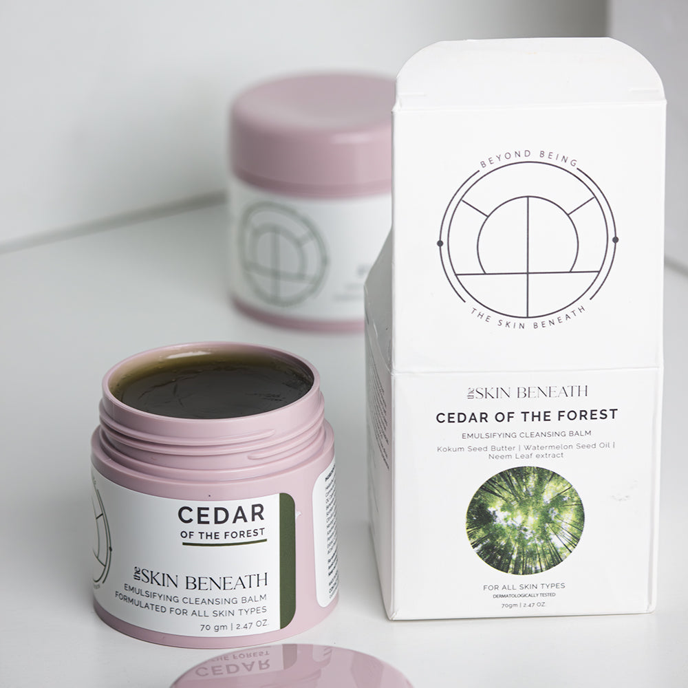 Cedar of the Forest cleansing balm in minimal flatlay, showcasing handcrafted emulsifying balm for dry skin