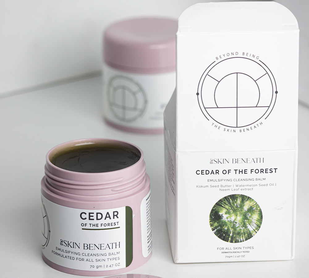 Cedar of the Forest cleansing balm in minimal flatlay, showcasing handcrafted emulsifying balm for dry skin
