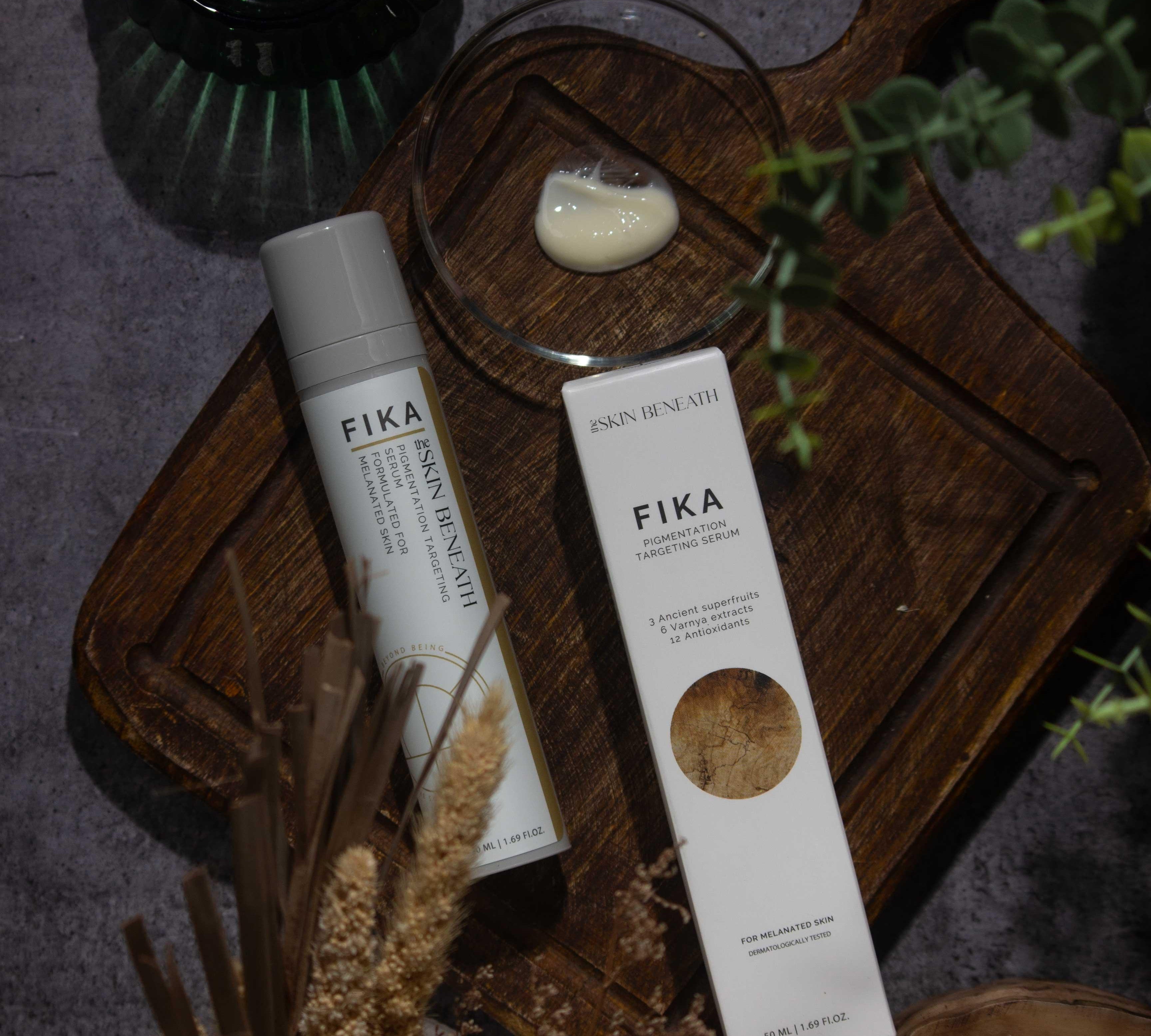 Fika serum placed on vintage wooden board evoking a feel of slow skincare for sensitive skin
