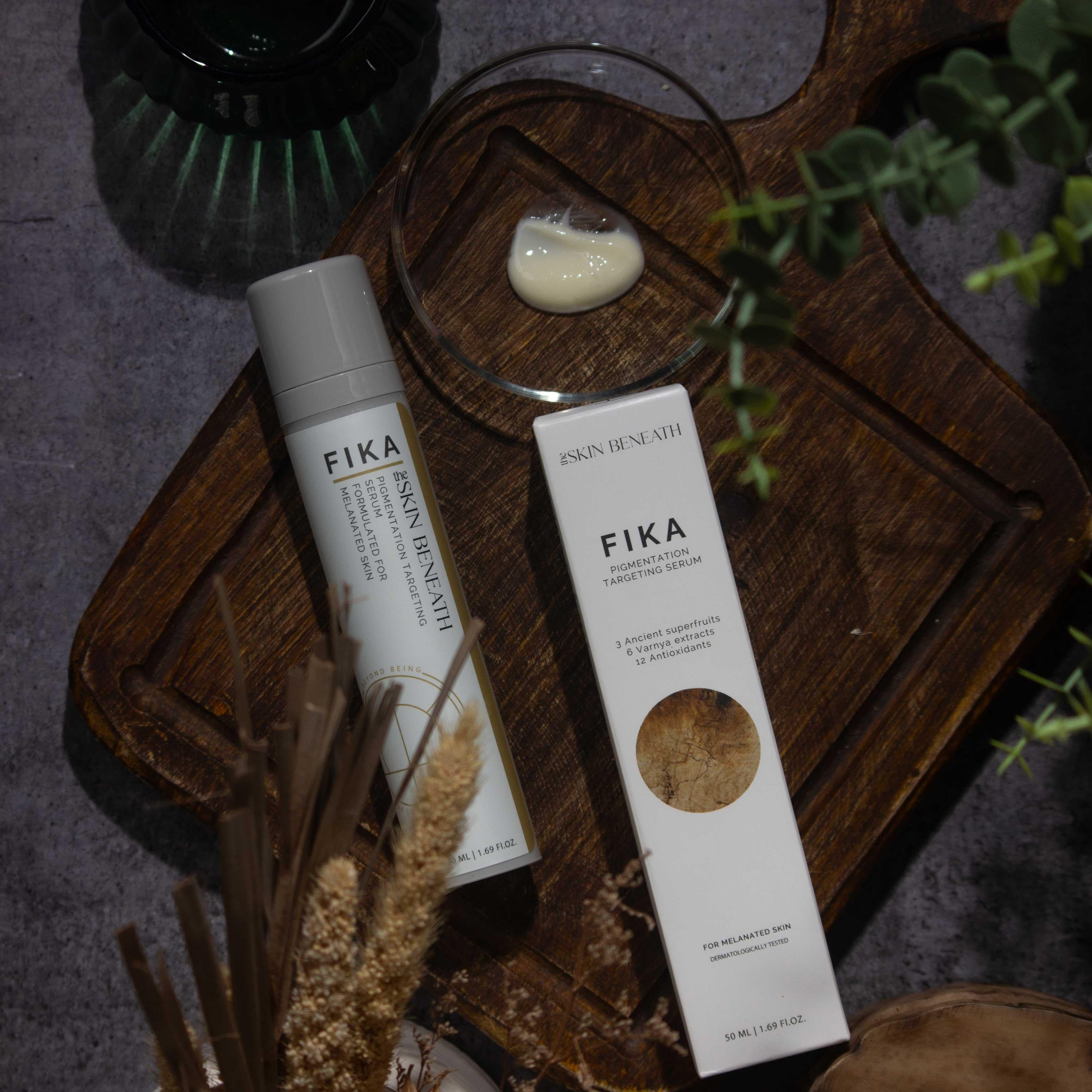 Fika serum placed on vintage wooden board evoking a feel of slow skincare for sensitive skin