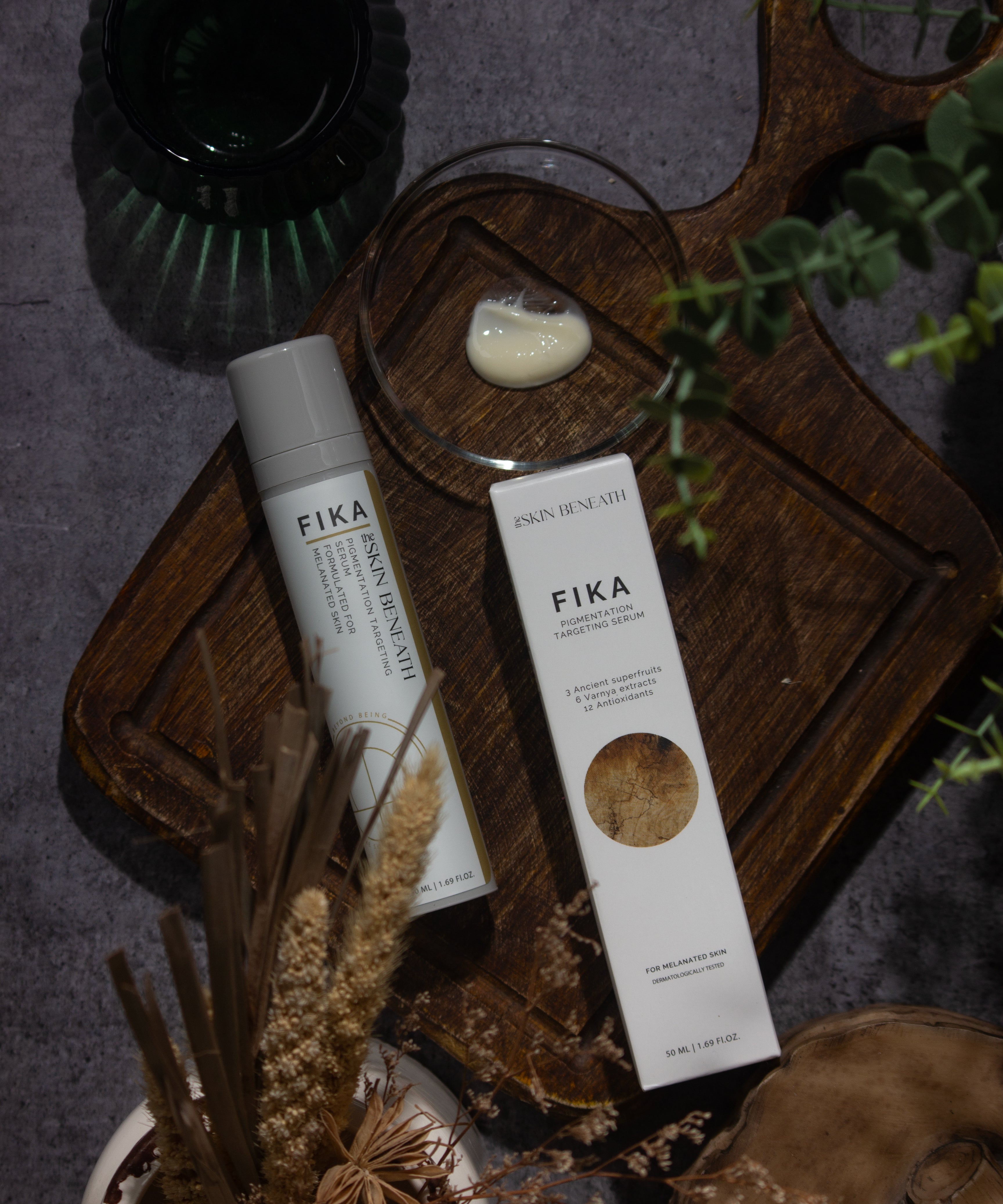 Fika serum placed on vintage wooden board evoking a feel of slow skincare for sensitive skin