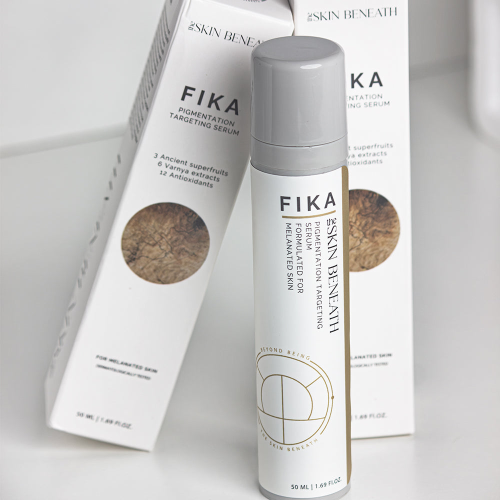 Fika Pigmentation Serum bottle against neutral background, highlighting minimalist skincare packaging