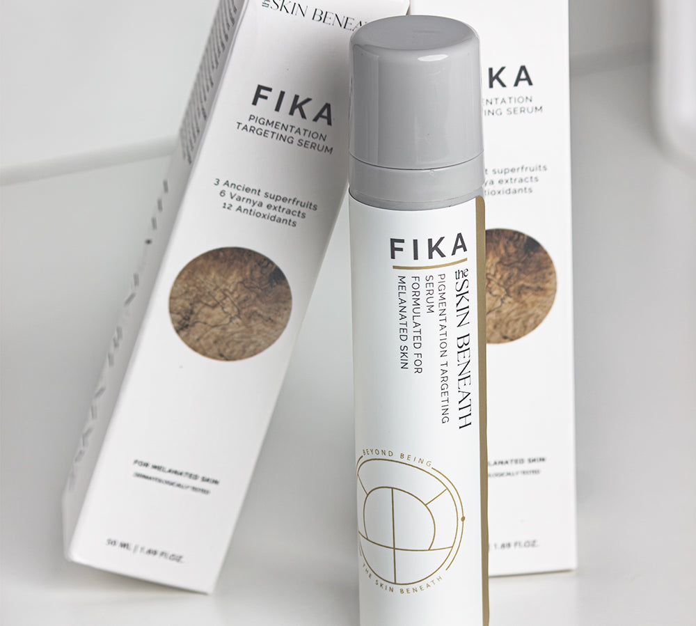 Fika Pigmentation Serum bottle against neutral background, highlighting minimalist skincare packaging